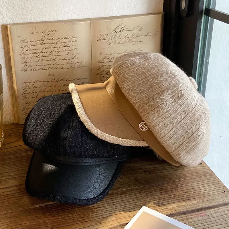 PU leather beret children fall and winter trend of British retro letters striped octagonal hat Arts and Culture painter hat