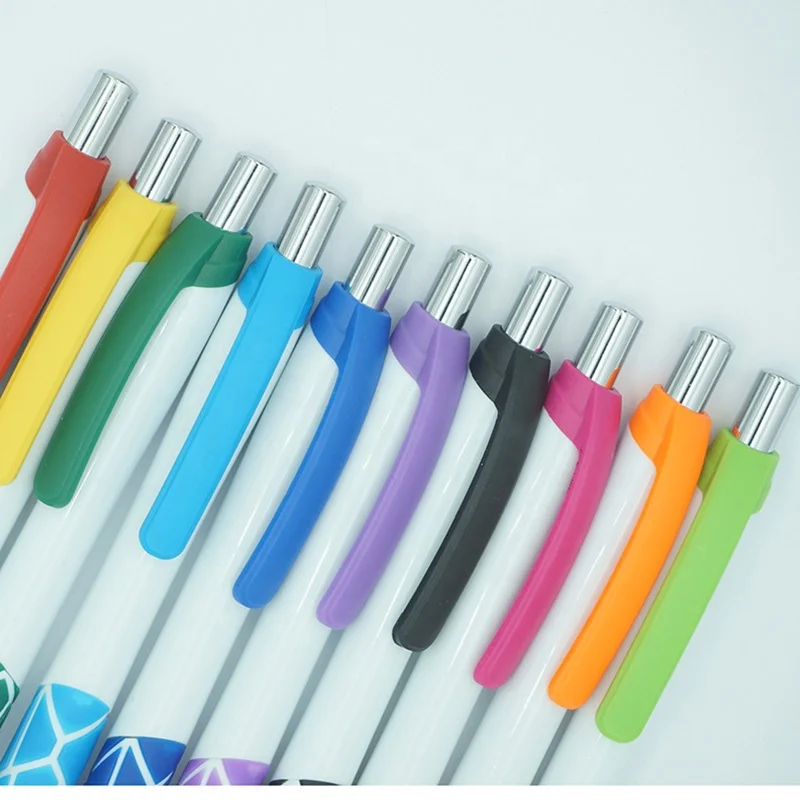 Personalized custom logo blank solid white plastic ballpoint pen with colorful divisive rubber grip