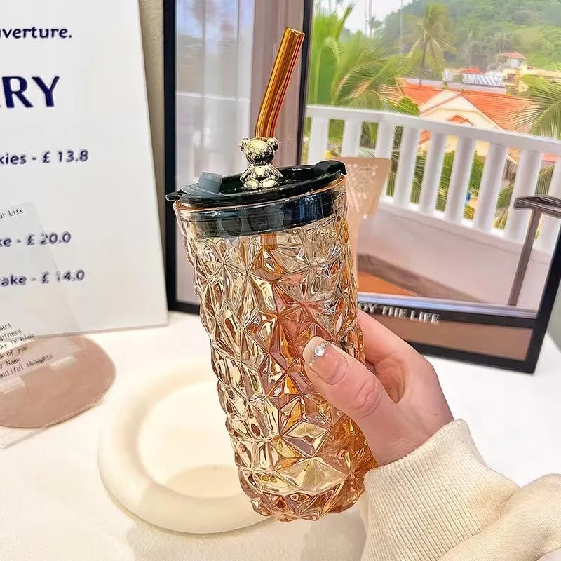 Bear Series Breakfast Cups Children Scale Creative Cartoon Straw Glass Cups Cute Household Heat-resistant Milk Mugs with Lids