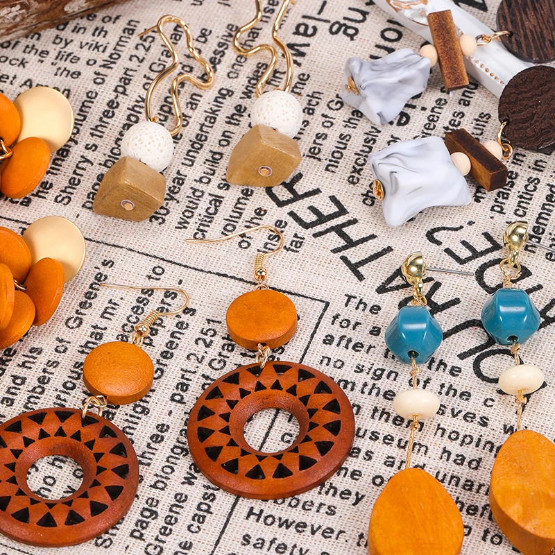 HOVANCI Boho Earrings S925 Stud Large Wood Laser Cut Acrylic Bamboo Ball Long Beads Geometric Earrings