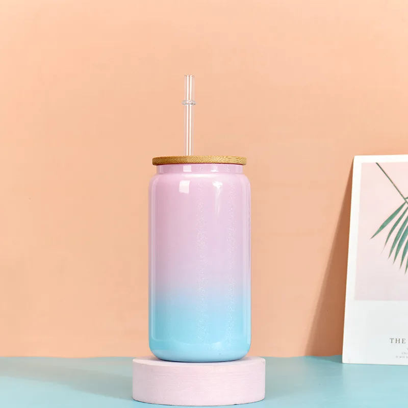 USA warehouse Drinking Blank Sublimation 16oz Beer Glass Can BPA Free 16oz Colored Clear Glass Bottle with Colored PP Lids