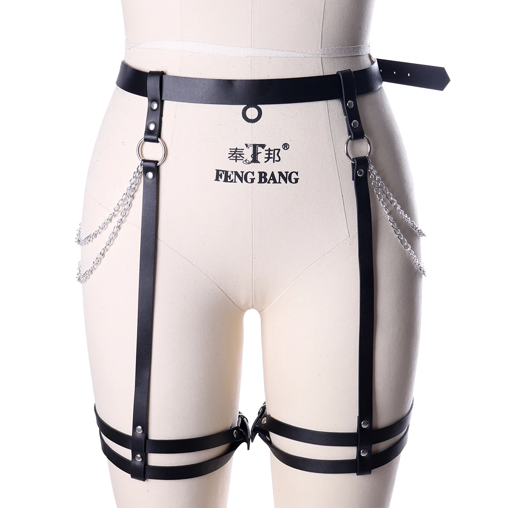 Vintage European Lady Bondage Leather Harness Leg Hoop Garter Belt With Chain Punk Sexy Stripper Garter For Night Club Rave