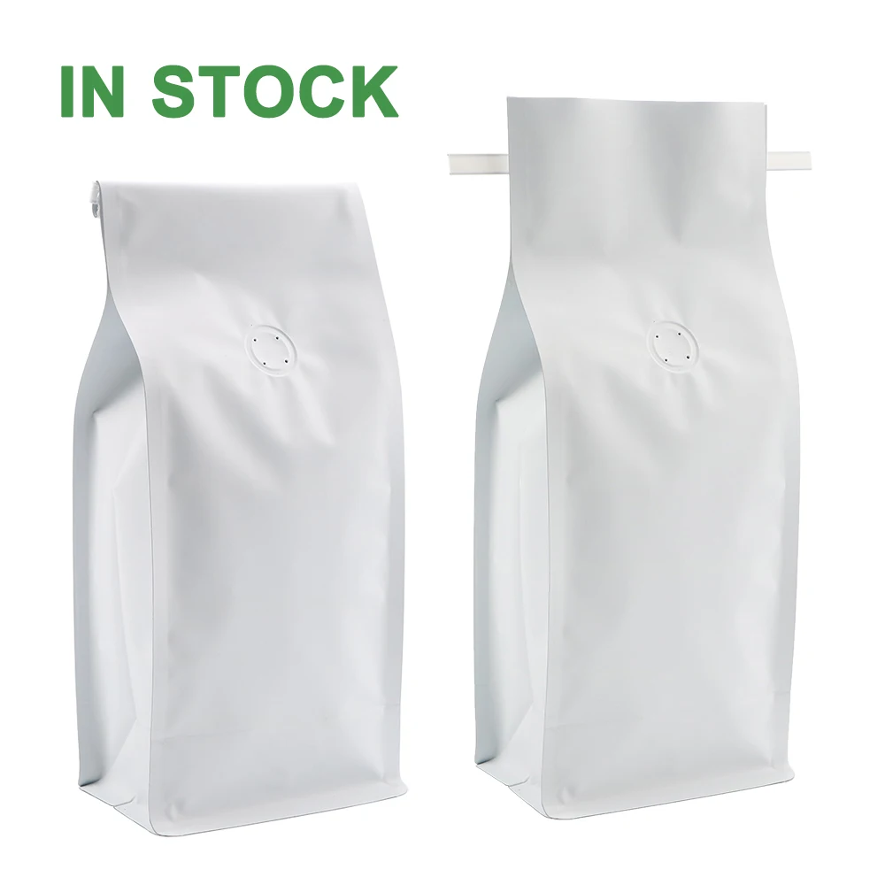 Custom 500g White Coffe Stand Up Flat Bottom Tin Tie Coffee Plastic Packaging Bag with Valve