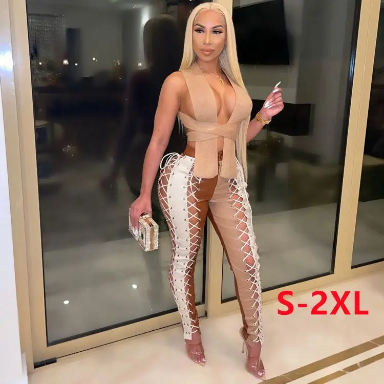 Сексуальные облегающие леггинсы кружевные черные желтые с боковыми кружевами в стиле рок мотоциклетные готические низким шаговым швом кожаные штаны