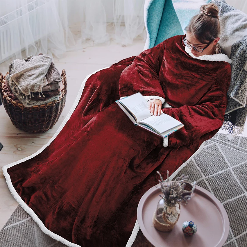 Hot selling high quality polyester warm soft flannel fleece hug sleep hoodie blanket with foot pockets