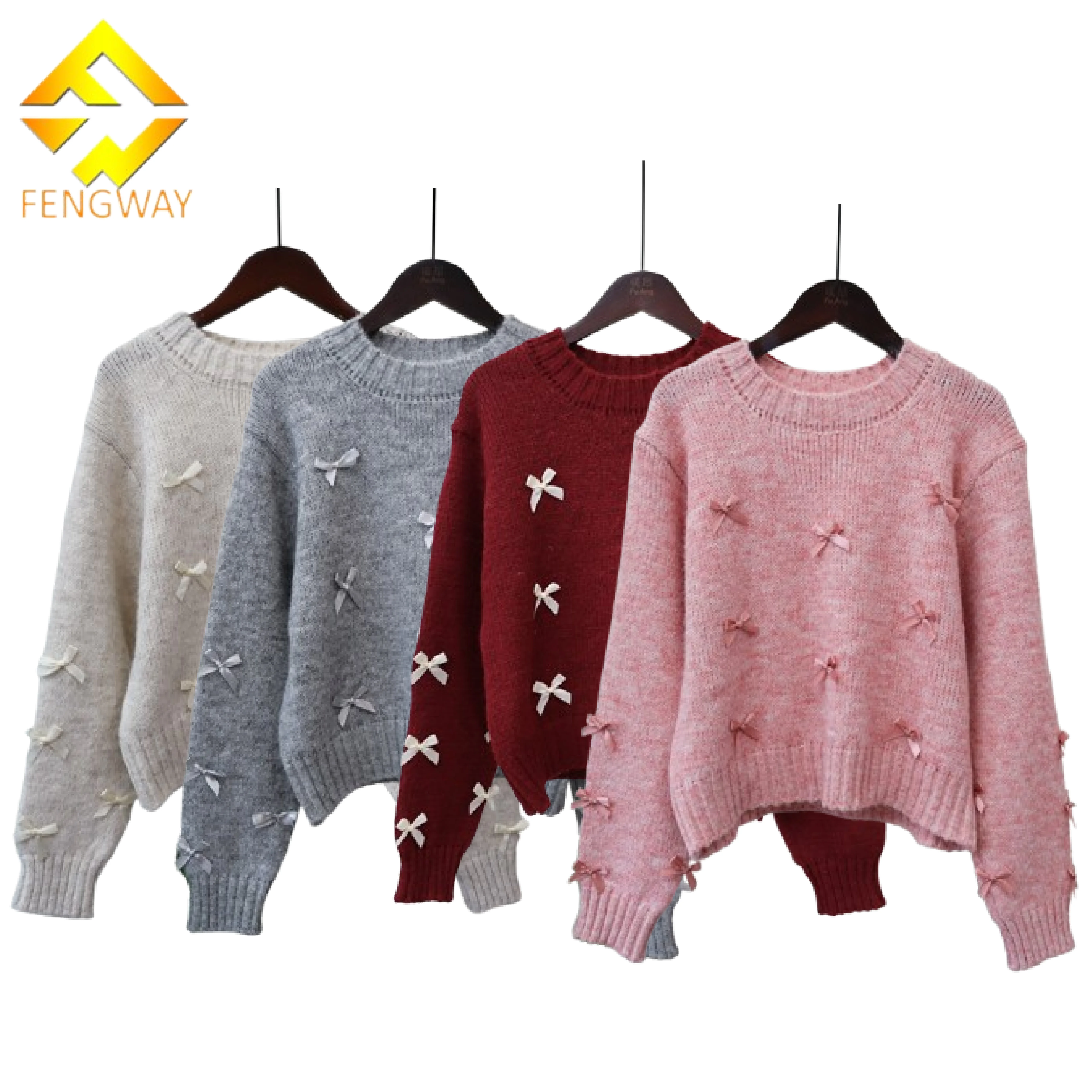 2024 Autumn Winter Fashion Bow Decoration Knitted Round Neck Sweater For Women Cute Soft Sweet Long Sleeve Warm Pullover