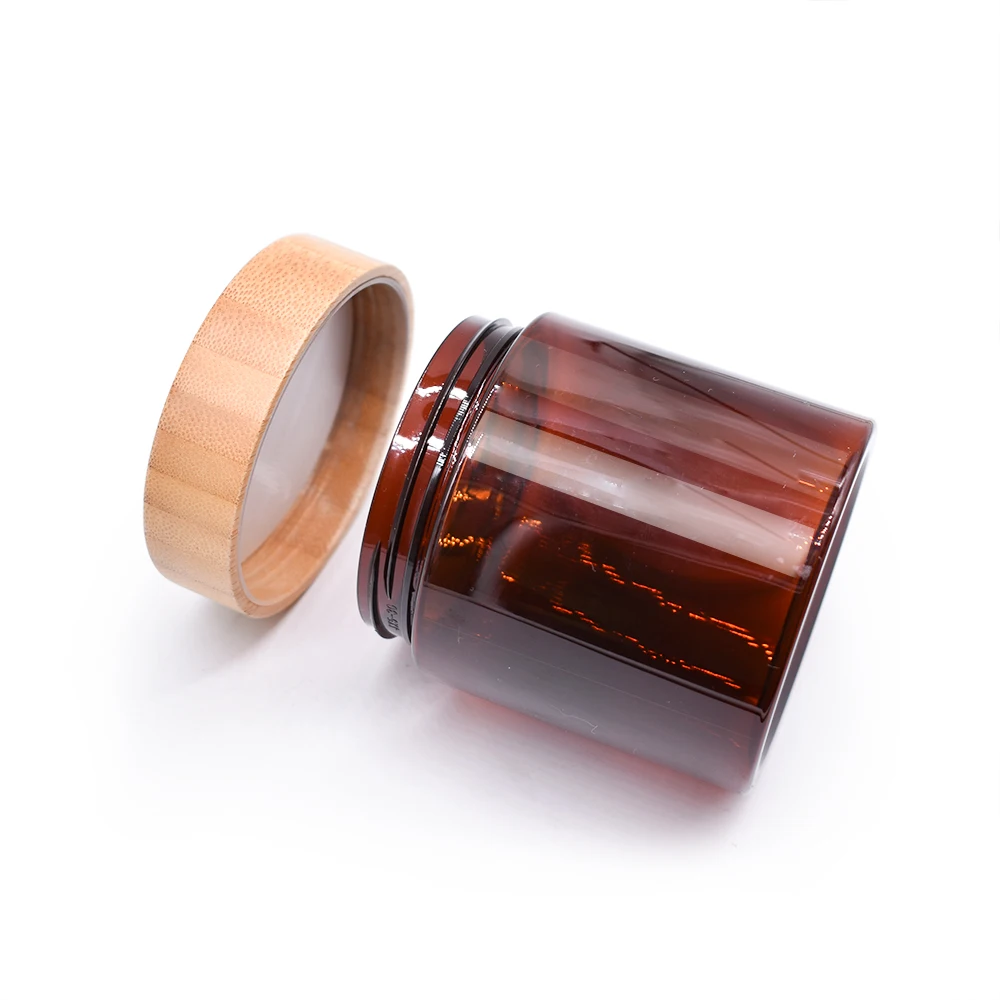 8oz plastic jar bamboo lid PET amber jar with bamboo wooden lid plastic jar best seller
