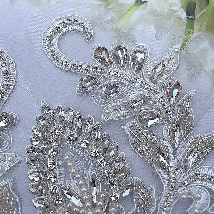 Handmade Flower Sew On Pearl Rhinestone Applique Bodice Dress Patches For Ironing In Clothes With Crystals