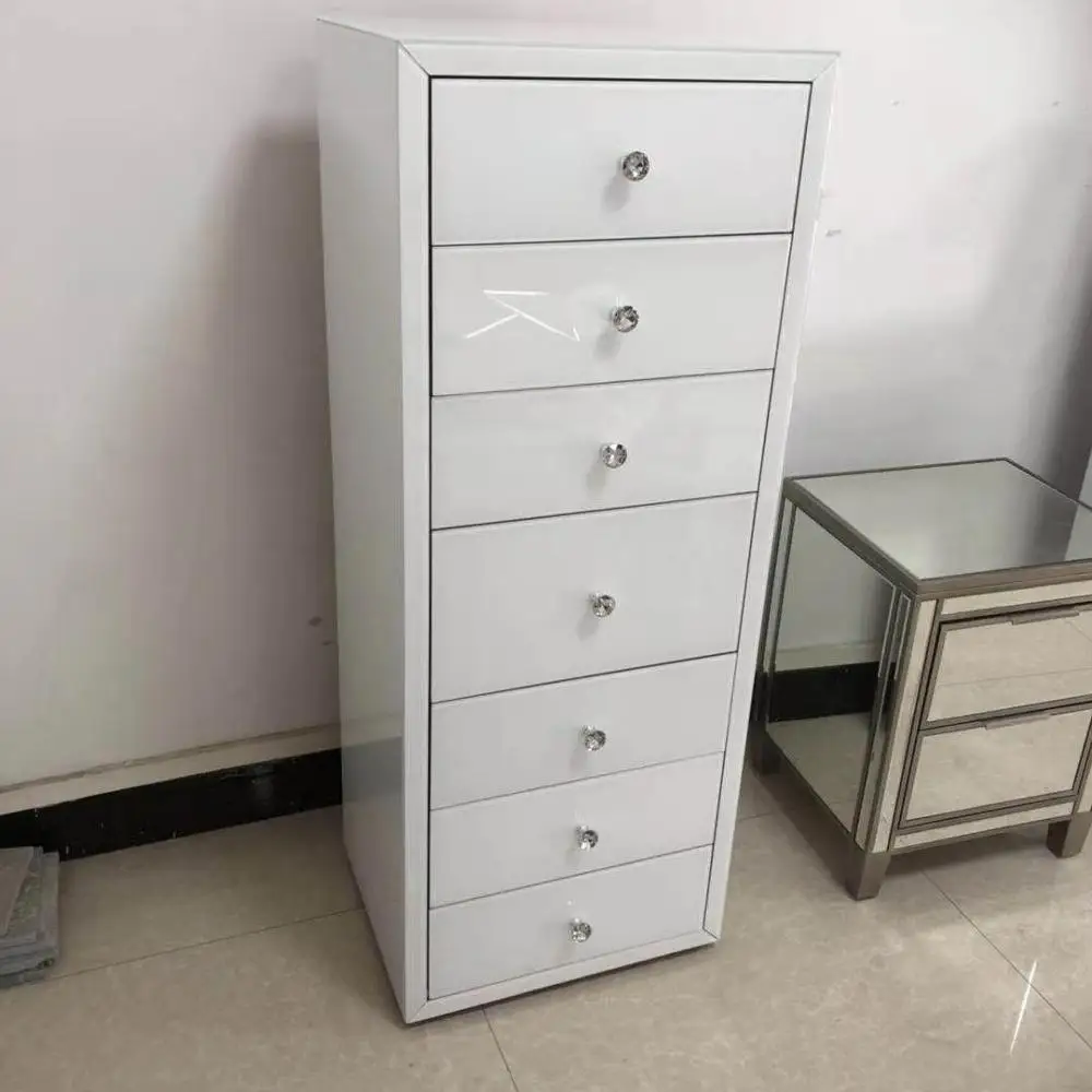 White mirrored home decor crafts  furniture hollywood table Clear Tallboy Mirrored 6 Drawer Chest