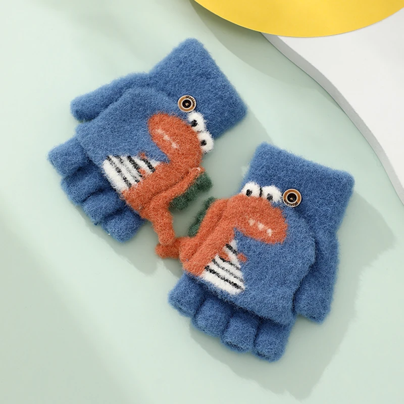 Fashion Half Finger Knit Mittens Cartoon Animal Children Thermal Winter Knitted Kids Gloves