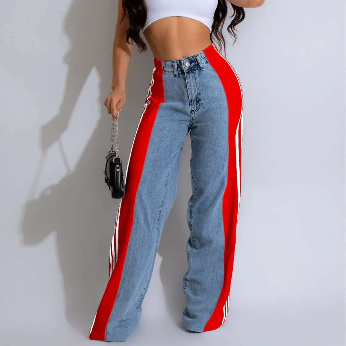 BH1264  fashion Stylish patchwork wide leg denim pants with three stripes Spice Gyrl Jeans