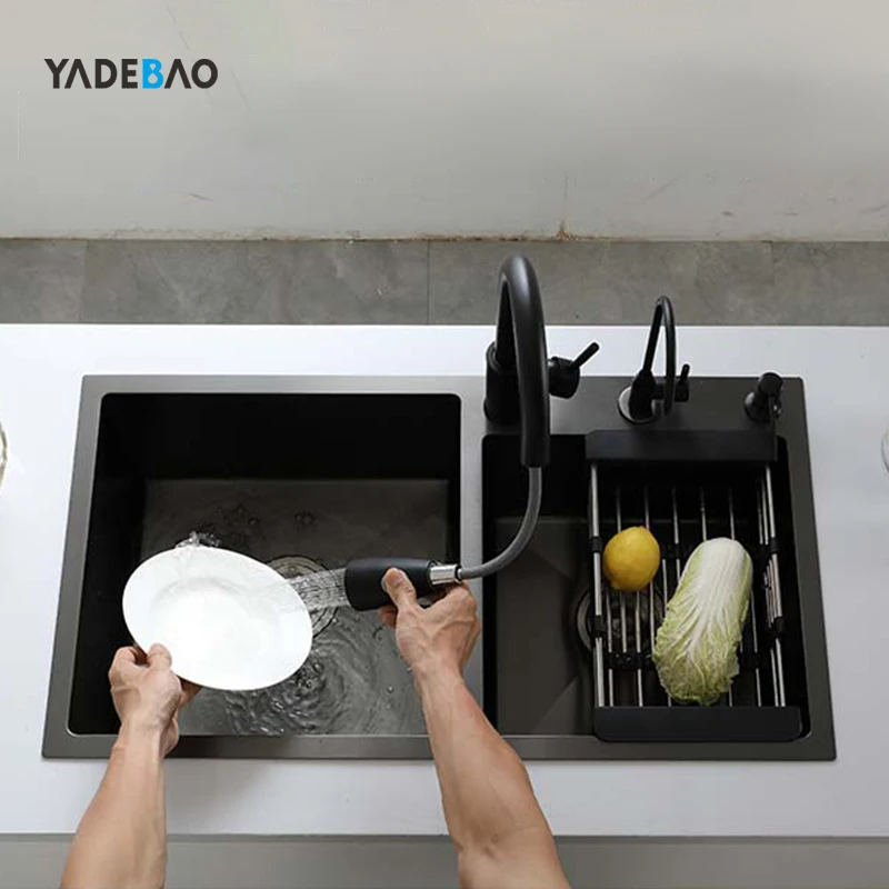 Luxury 304 Stainless Steel Kitchen Washing Basin Sinks Luxury Undermount Handmade Black Nano Kitchen Sink Bowl