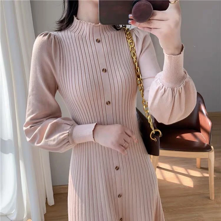 Autumn and winter mock neck mid-length knee-length jumper dress bubble sleeve inner knitted long sleeve dresses