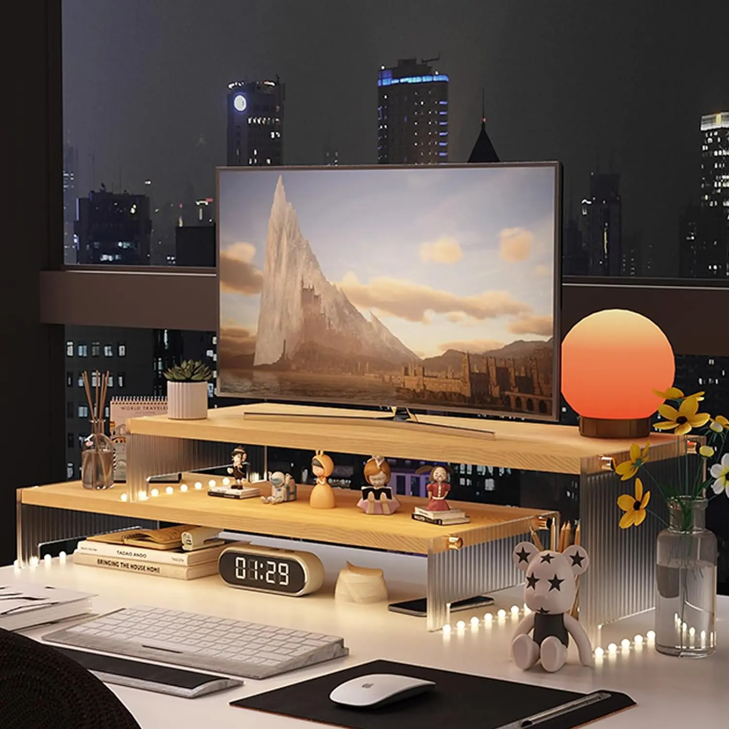 Wood stands for laptop computers, 2 Tier Dual computer display stand with Acrylic Legs Office Desk Shelf Organizer