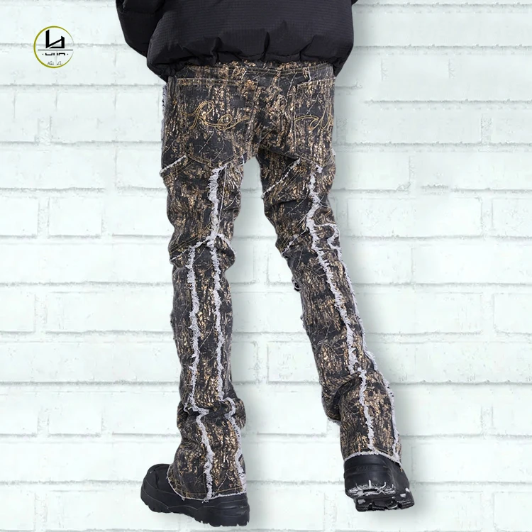 Street wear forest camo raw edge patchwork flare jeans camo tree print stacked jeans pants