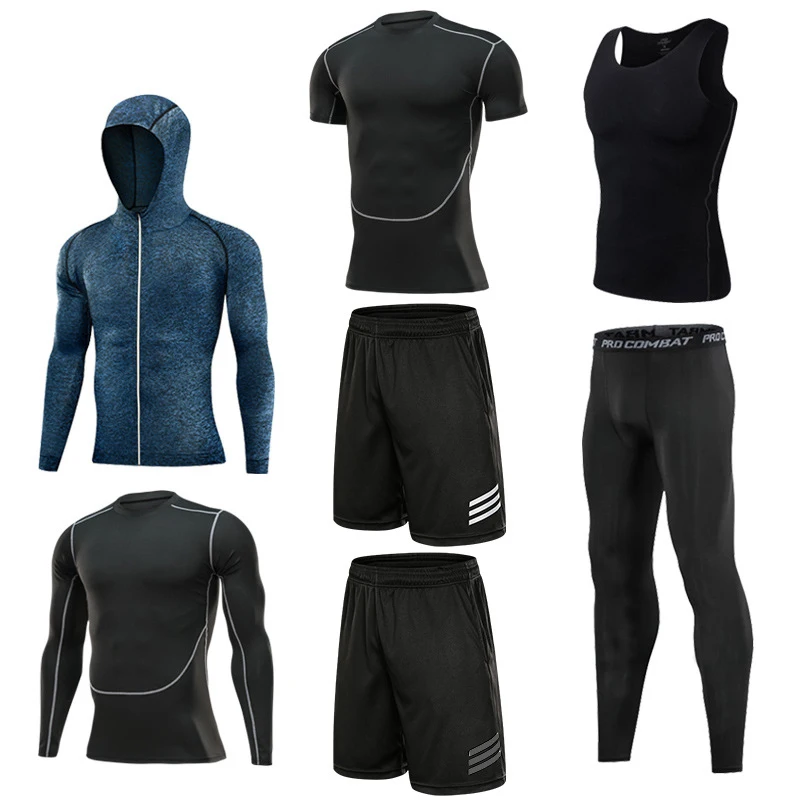 7 Piece Set Men Gym Athletic Wear Fitness Custom Sweatsuit Sportswear Running Workout Sets Tracksuits Jogger Suit with Logo