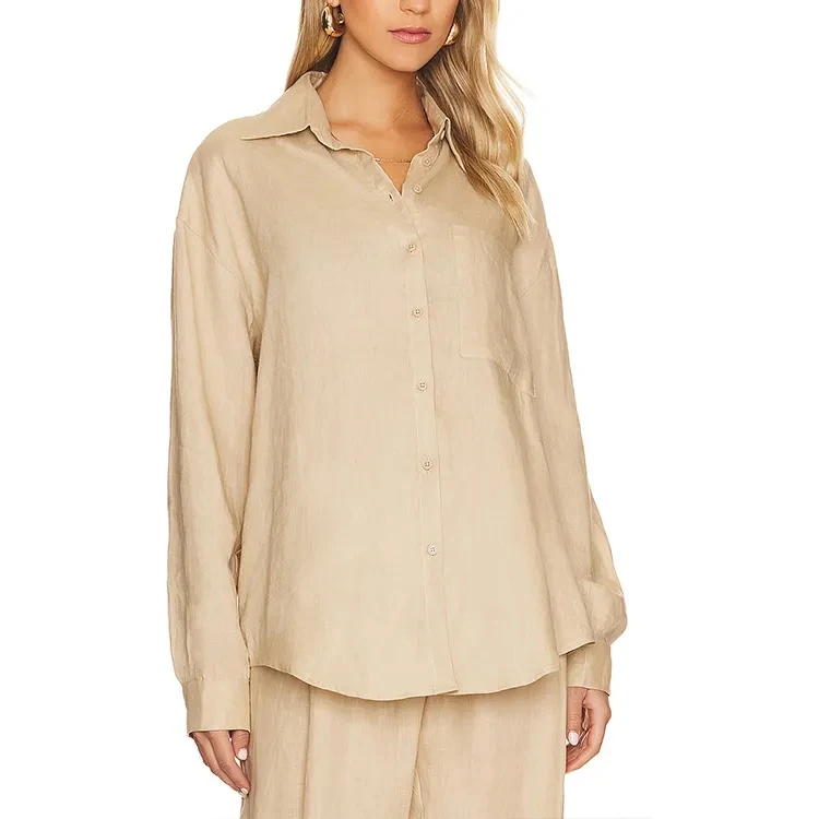 Custom High Quality Button Up Linen Shirt Women Spring Long Sleeve Tops Shirt For Women