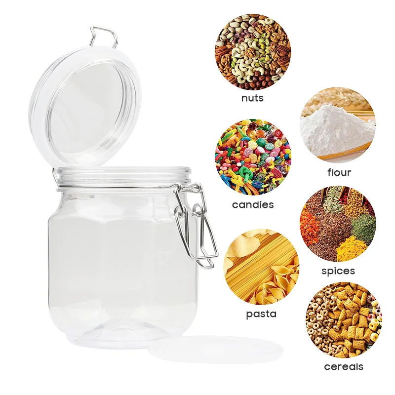 Food Storage Solutions 740ml Hexagon Shape Clear Airtight Seal Containers Metal Clip Durable Plastic Honey Jar