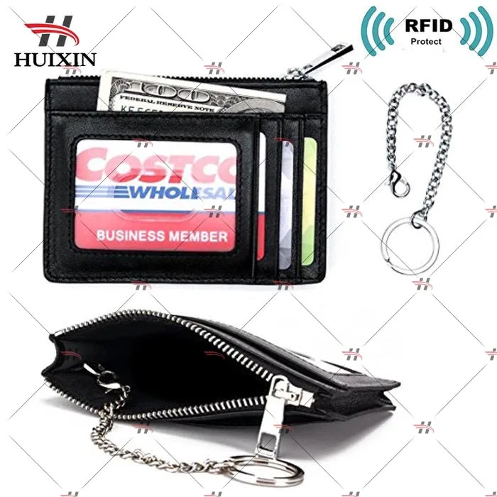 
RFID Blocking Men Women Genuine Leather Slim ID Window Metal Chain Zip Key Wallet 