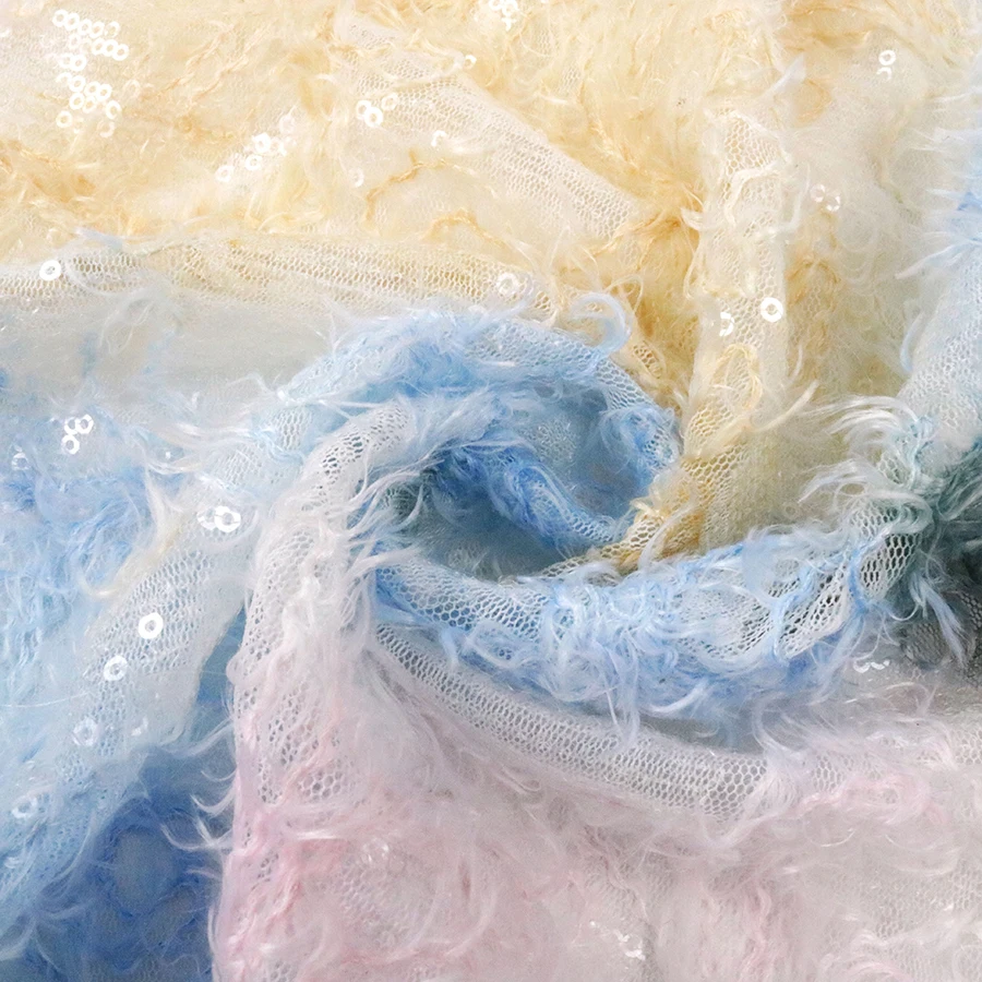 Luxury Tie Dyed Cord Embroidery Lace Fabric 3mm Transparent Sequin Embroidery Fabric for Party Dress