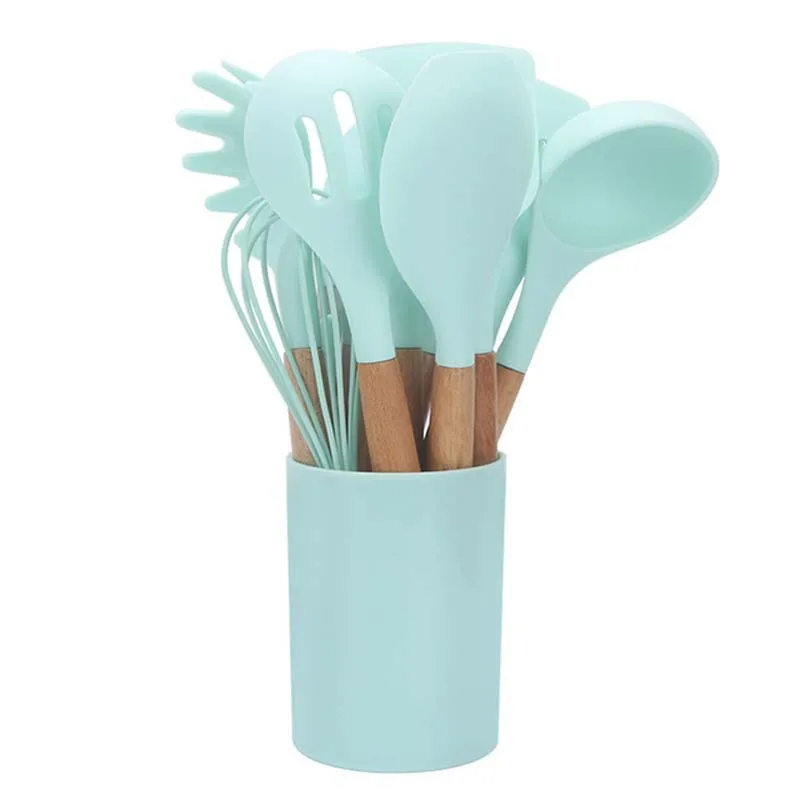 12 Pieces In 1 Set Kitchen Gadgets Tools Stand Kitchenware Spatula Silicone Cooking Utensils Set With Wooden Handles