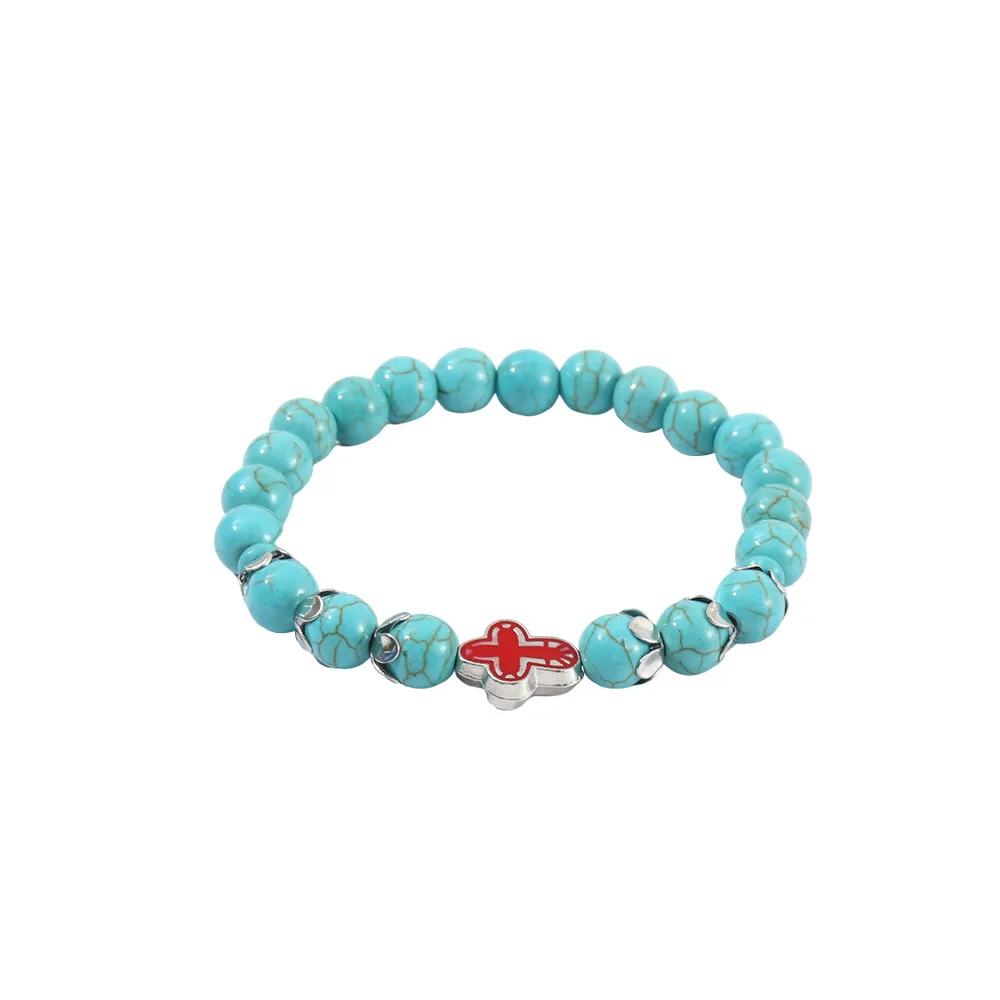 8mm Turquoise Beaded Bracelet With Cross Fatima Hand Hamsa Evil Eye Butterfly Pendant Tiger Eye Bracelet