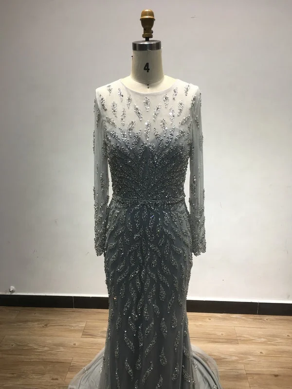 Luxury Gold Beaded Sequin O Neck Long Sleeves Dubai Muslim Muslimsh Women Gowns Clothing Mother Of The Bride Prom Dresses 2024