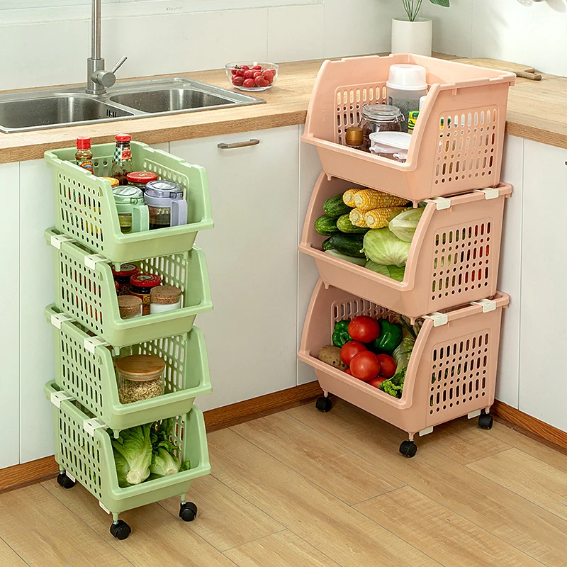 Basket Utility Cart Detachable Floor-Standing Vegetables Fruit Kitchen Storage Rack Corner Rack Plastic Storage Shelf Rack
