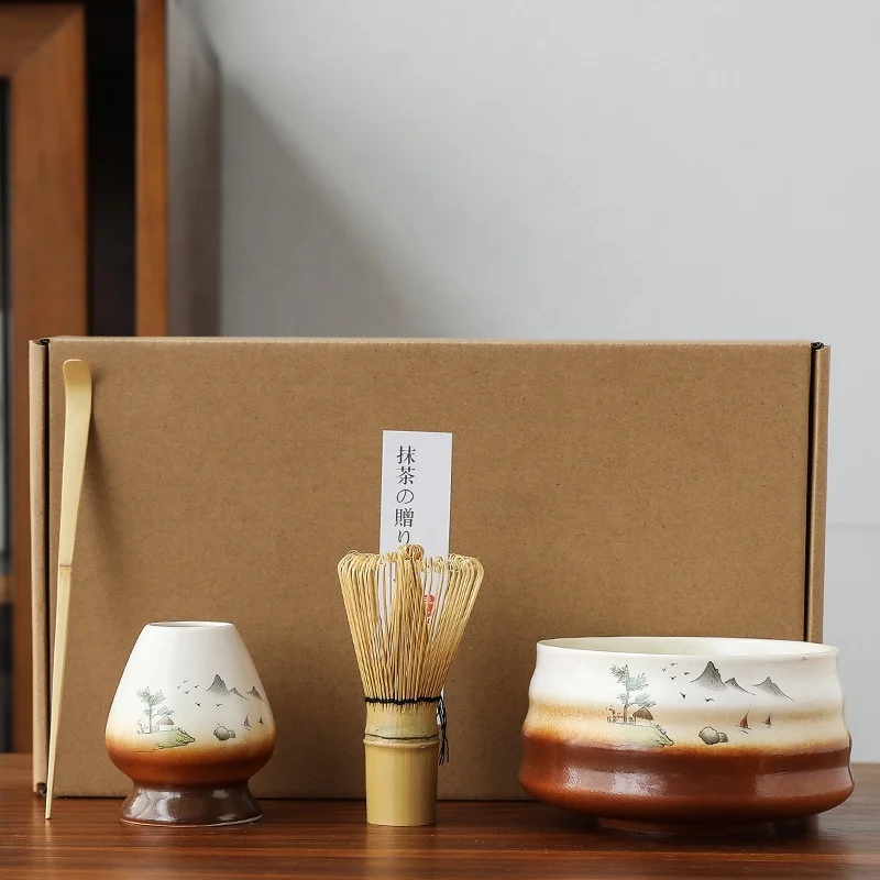 Japanese kiln change 100 Honli Matcha set 4 pieces bamboo matcha egg beater ceramic bowl wide selection