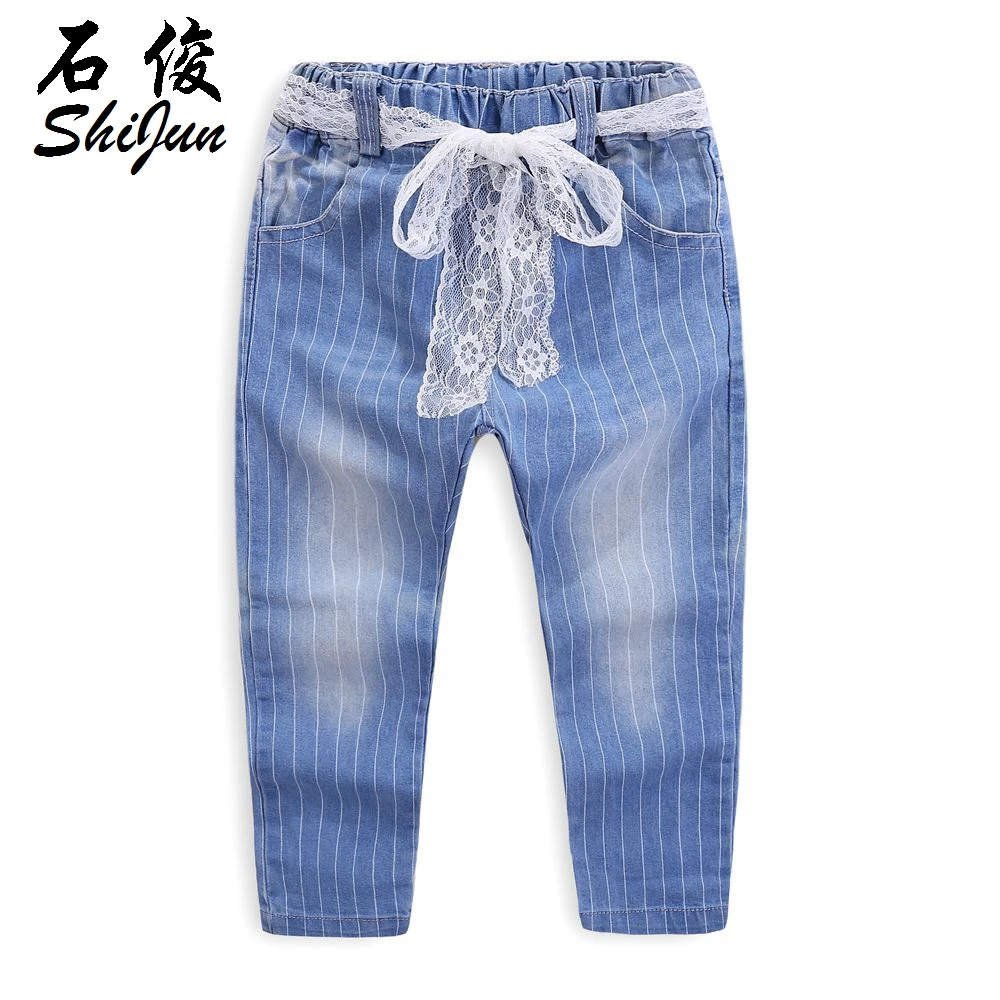 
ShiJun kids clothing 2020 Spring Lace Belt Striped Girl Jeans Kids 