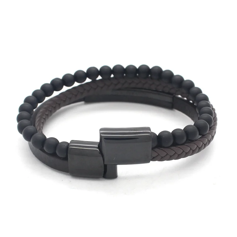 New Mens Leather Bead Bracelet Braided Lava Bead Leather Bangle for Men