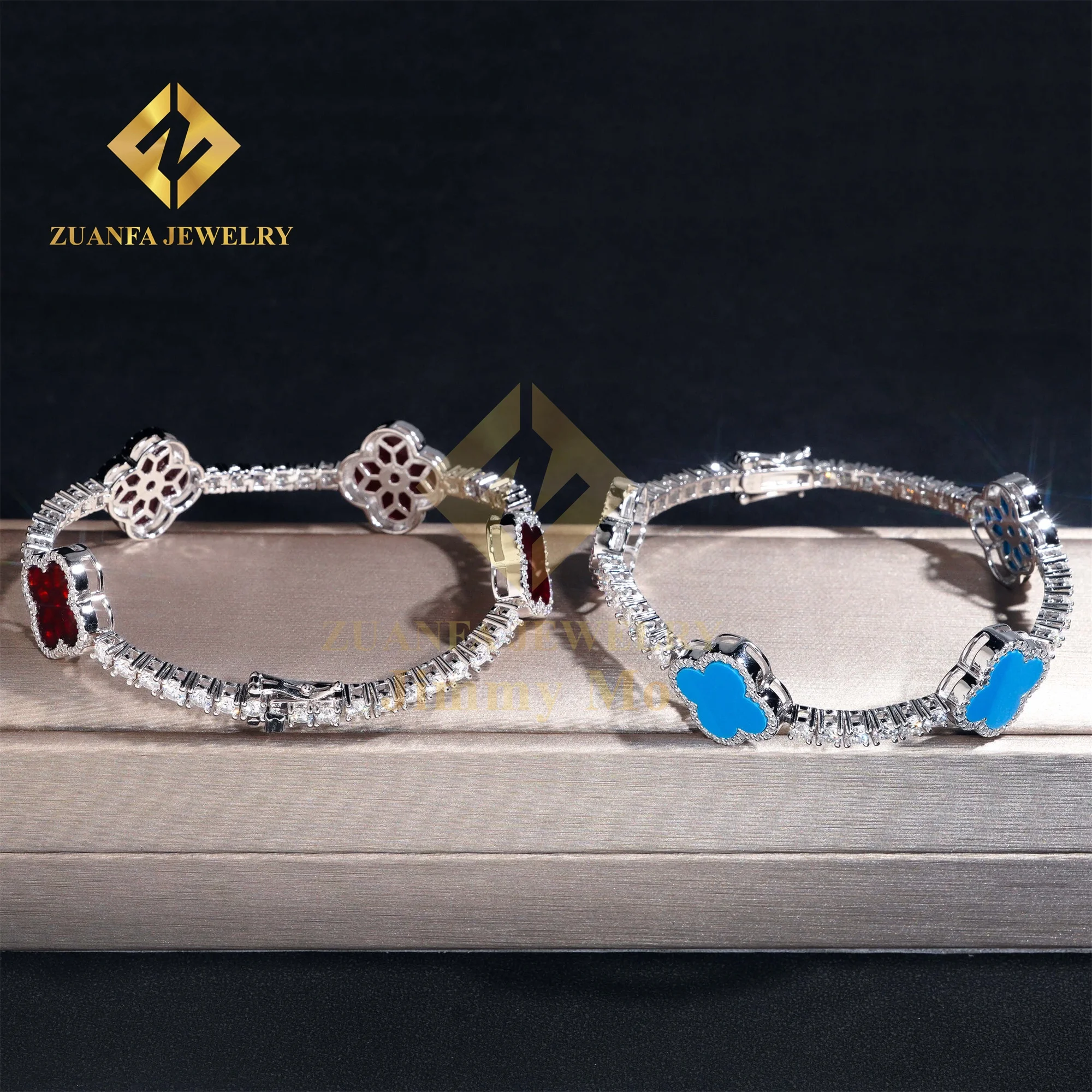 Unique Popular 3mm Iced Out Hip Hop Jewelry S925 Silver VVS1 Moissanite Diamond Four Cleef Clover Leaf Cluster Tennis Bracelet