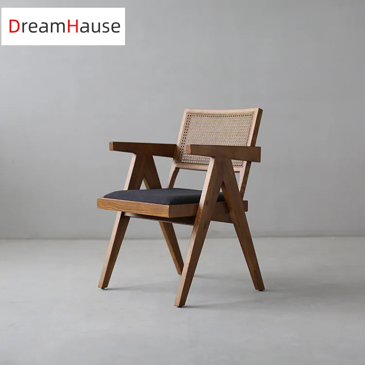 Dreamhause Modern American Solid Wood Dining Chairs Wooden Rattan Chair Nordic Cafe Armchair Living Room Balcony Lounge Chair