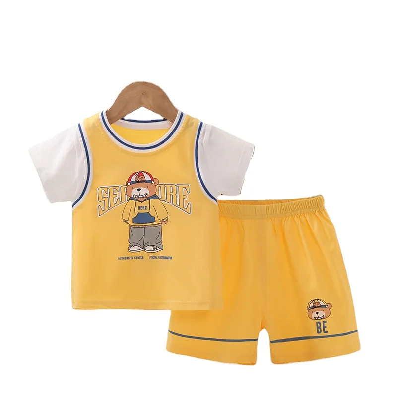 Летний Официальный спортивный костюм для маленьких мальчиков детский цельный с коротким рукавом мультяшная одежда до 3 лет