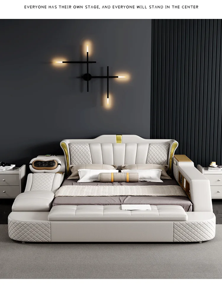 2024 multifunctional smart bed leather king size bed frame with wireless charger massage bedroom furniture se