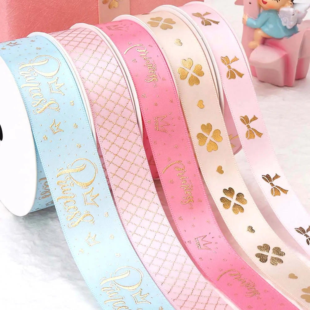 Customized Colorful Logo Printing Gold Foil Gift Ribbons Printed Satin Ribbon 1inch Ribbon