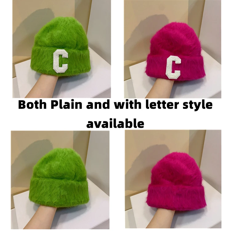 Модная Длинная зимняя шапка из кроличьего меха с завязкой, Женская плюшевая шапка с буквой «С», вязаная теплая шапка