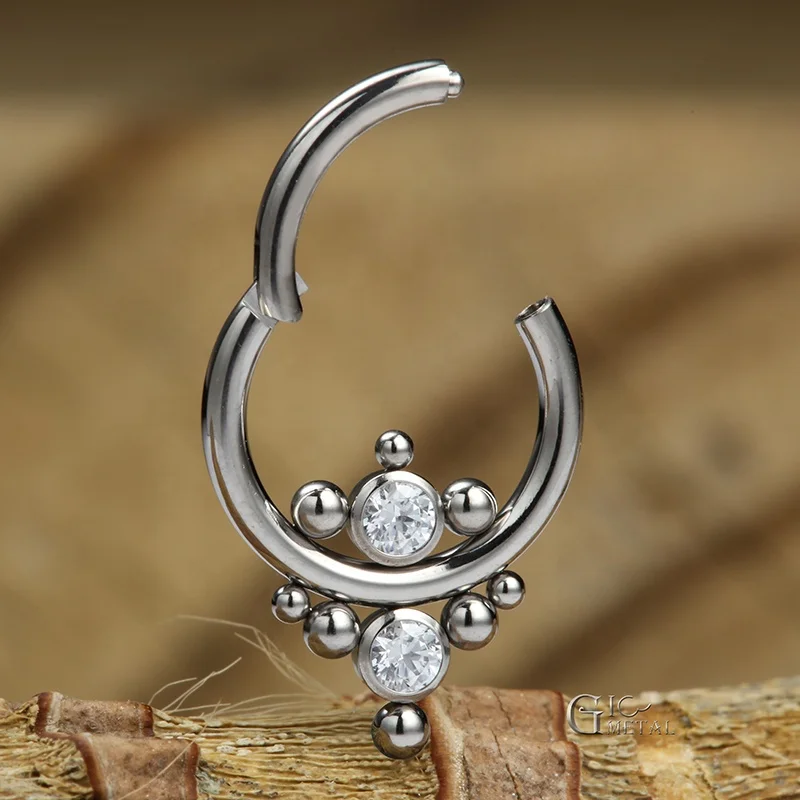 Giometal ASTM F136 Titanium Gem Beaded CZ Hinged Segment Ring Nose Jewelry Daith Piercing Earrings Body Jewelry Septum Clicker