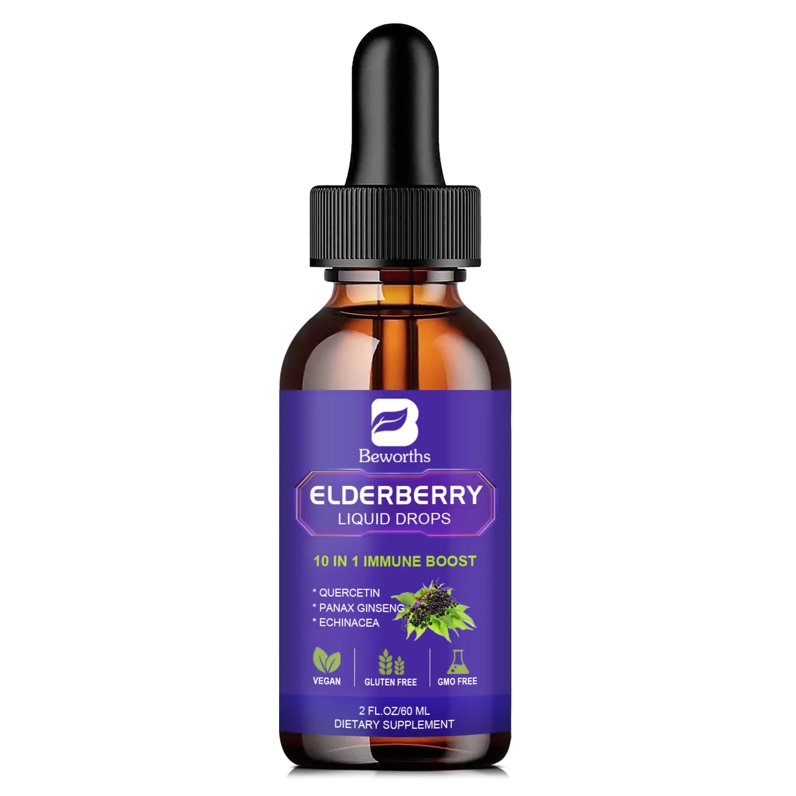 Beworths Organic Quercetin Panax Ginseng Root Black Elderberry Extract Elderberry Complex Oral Liquid Drops Supplement 60ml