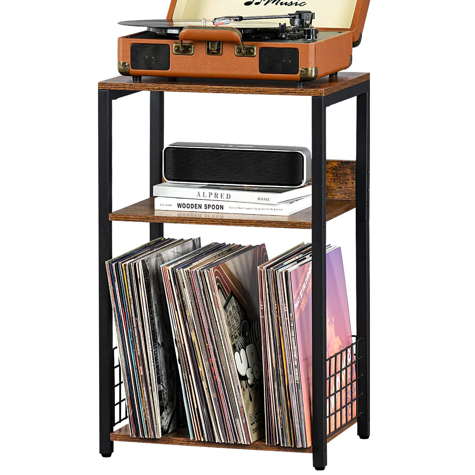 3 Tier End Table, Record Player Stand with Storage Bedside Table