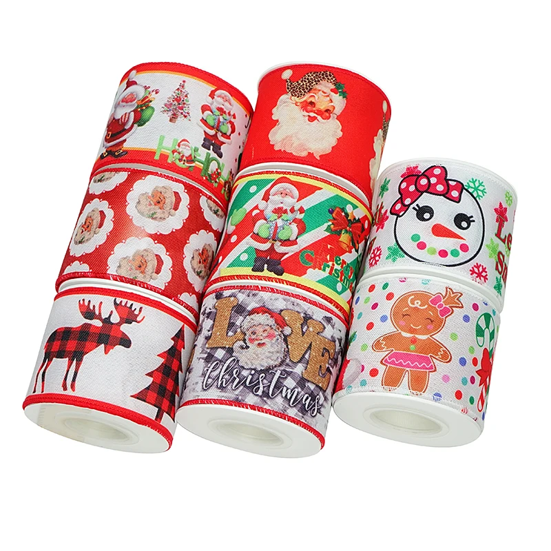 Wired Edge Merry Christmas Grosgrain Ribbon Custom Logo Gift Box Packing 63mm 10 yard