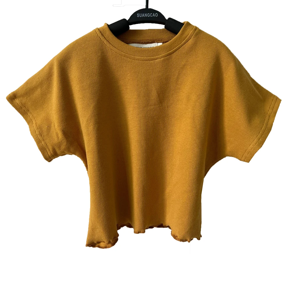 Custom girls kids 2 piece ribbed cotton set Cute girls summer clothing short sleeve top and wide leg pant set