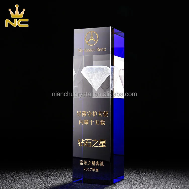 Wholesale Manufacturing Blue Custom Awards 3D Laser Engraved Crystal Diamond Trophy