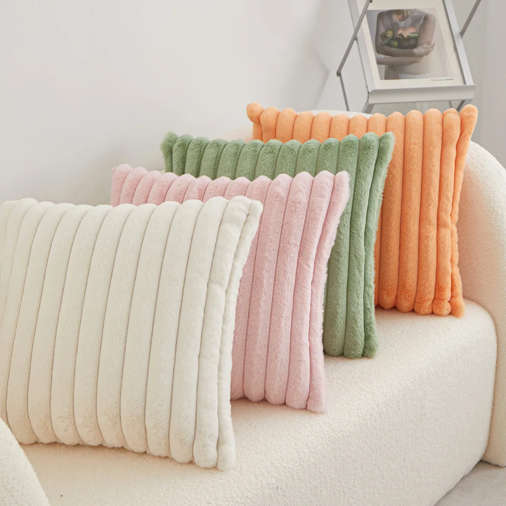 Double-Sided Faux Fur Plush Decorative Throw Pillow Covers Fuzzy Striped Soft Pillowcase Cushion Covers for Sofa Couch Bedroom
