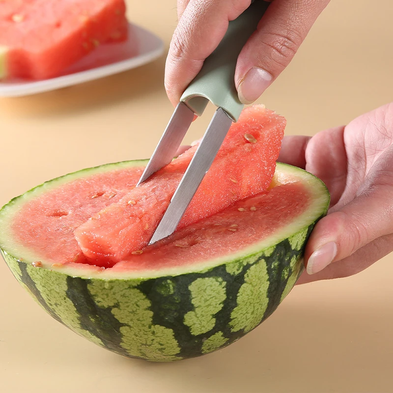 Rayshine 3-In-1 Stainless Steel Portability Watermelon Fruit Fork Slicer Cutter Watermelon Cutter For Camping Kitchen Gadgets