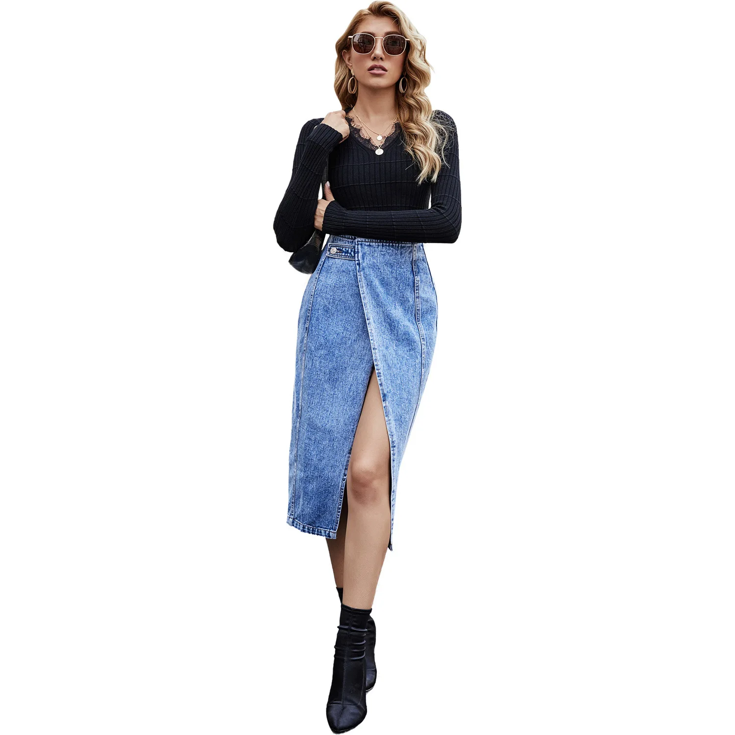 
Hot Selling Autumn Vintage INS Fashion Irregular Split Denim Long Jeans Skirts For Women 
