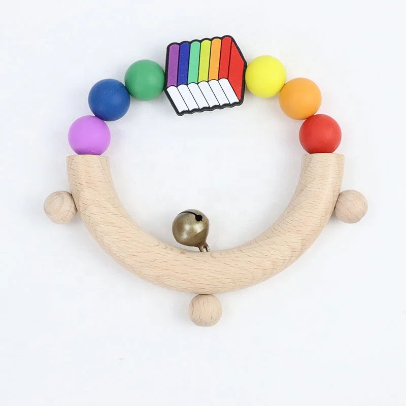 Handmade Colorful With Bell Baby Toy Wood Teether Newborn Gift Rattle Toy