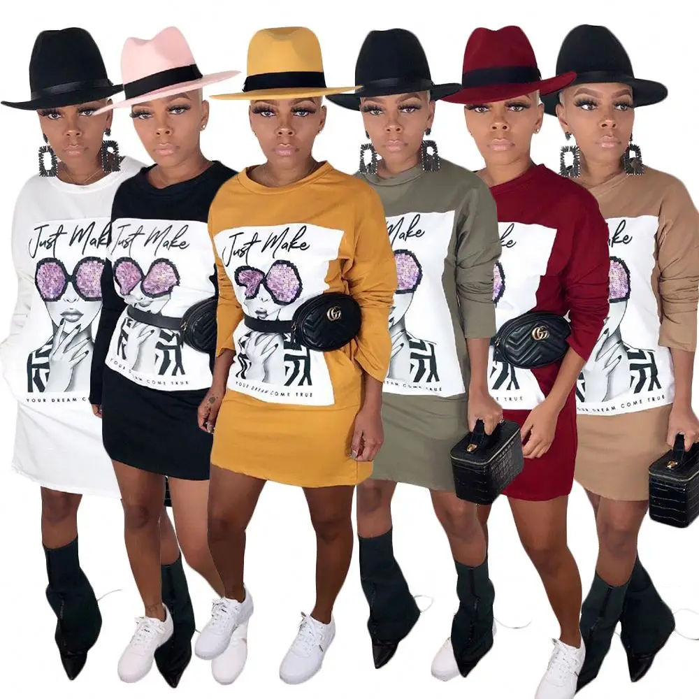 
2021 African Ladies fall fashion casual head print long sleeve slim skirts women -S3678 