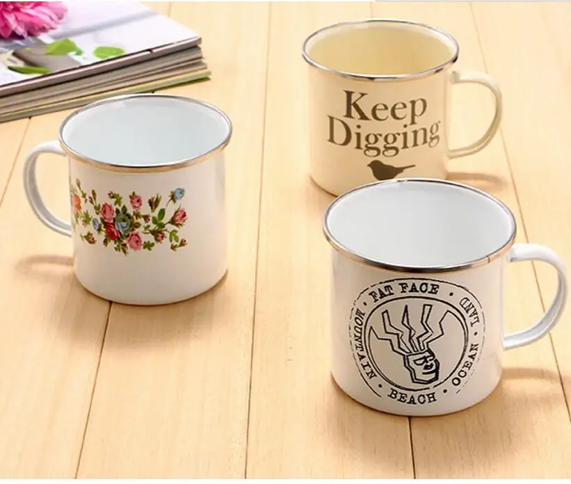 Enamel Camping Travel Cup with stainless steel rim,  stainless steel enamel Tin office 12oz travel mug