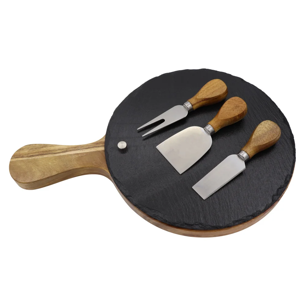 Natural slate and acacia wood box cheese box set with 3pcs cheese tools Charcuterie Boards Acacia Round Platter Serving tray set
